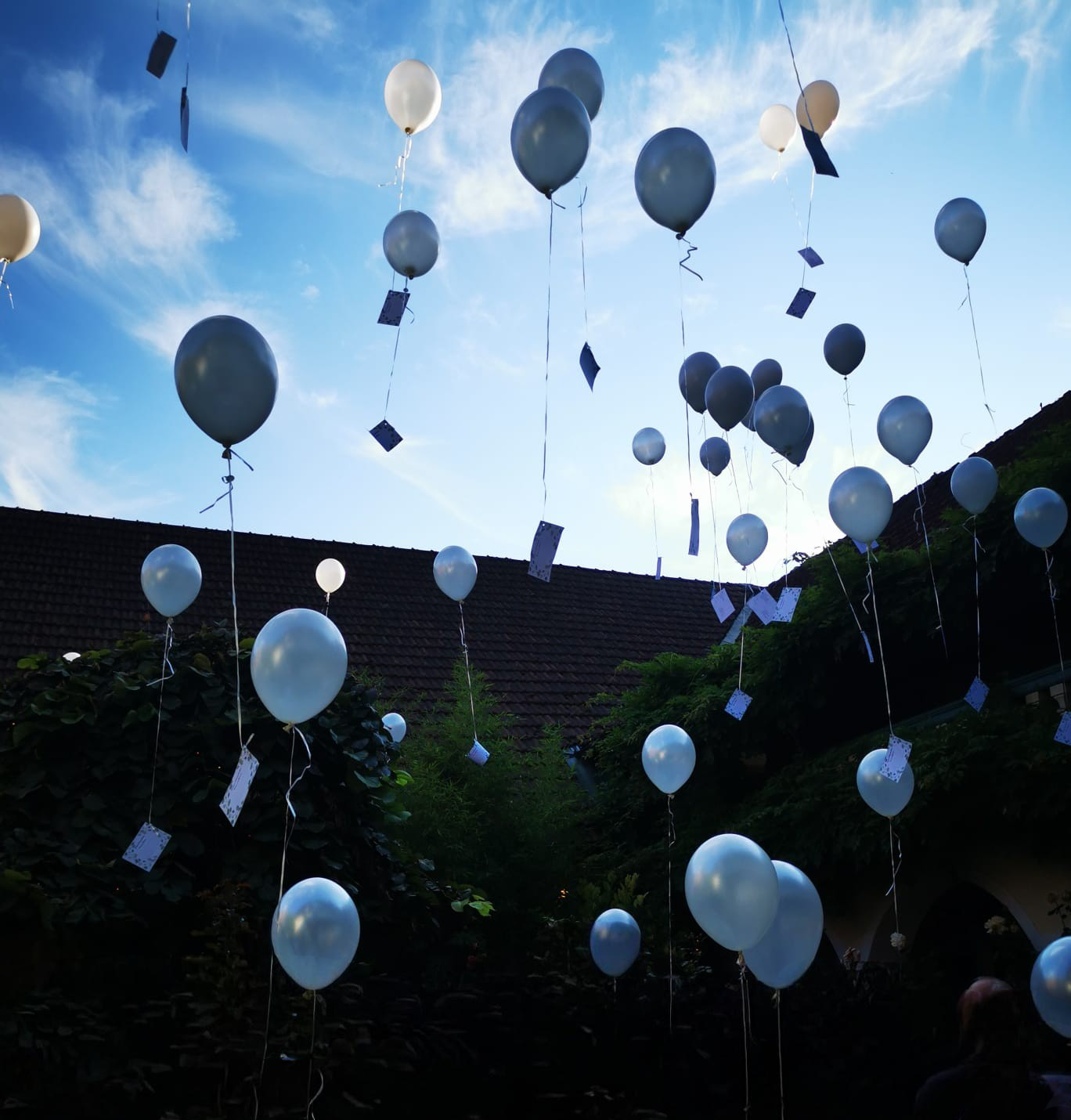 Hochzeit mit Luftballonen die zum Himmel steigen